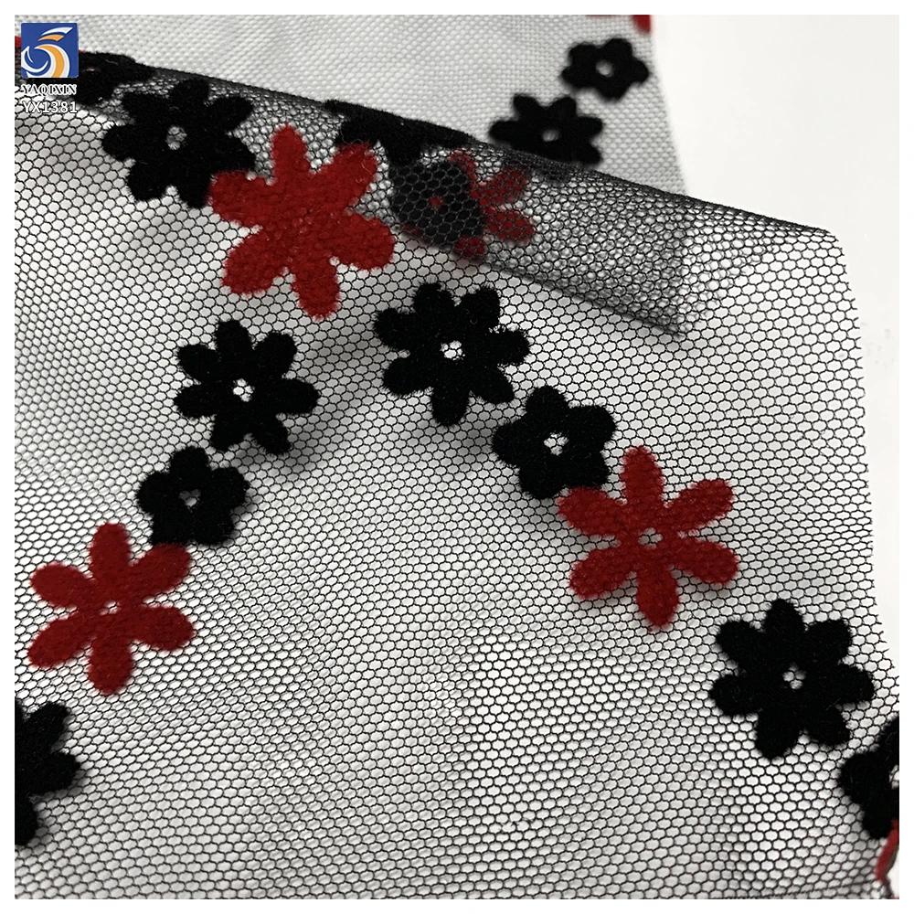 YX1381 Suppliers in Guangzhou China Customization Flock Fabric Knitted Small Florals Flocked Pretty Tulle Mesh Fabrics - 图片 6