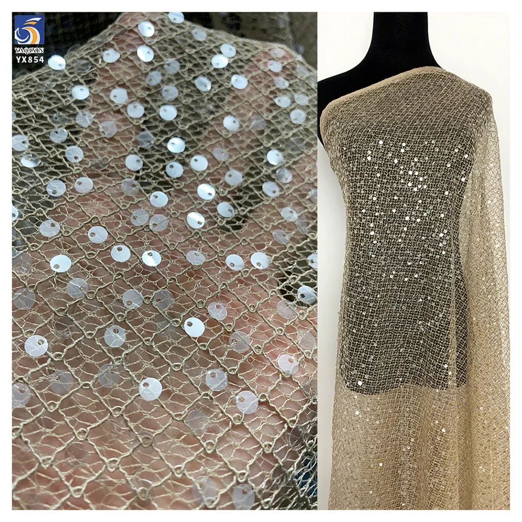 YX854 300gsm Apricot 100% Polyester Diamond Net Mesh Fabric with 5cm Sequins for Bridal Dress Veil Bag Fabric Knitting