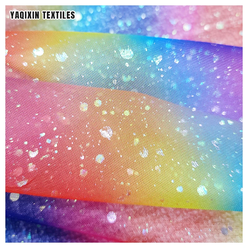 2025 Independence Day Latest 100% Polyester Digital Print Gradient Tulle Fabric With Shiny Glitter Dots