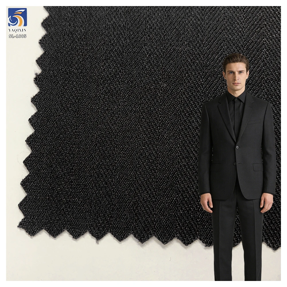 SL-1885 240gsm Black Premium Herringbone Poly Linen Stretch Suiting Fabric Comfort Fit for Men Business Suit OEM