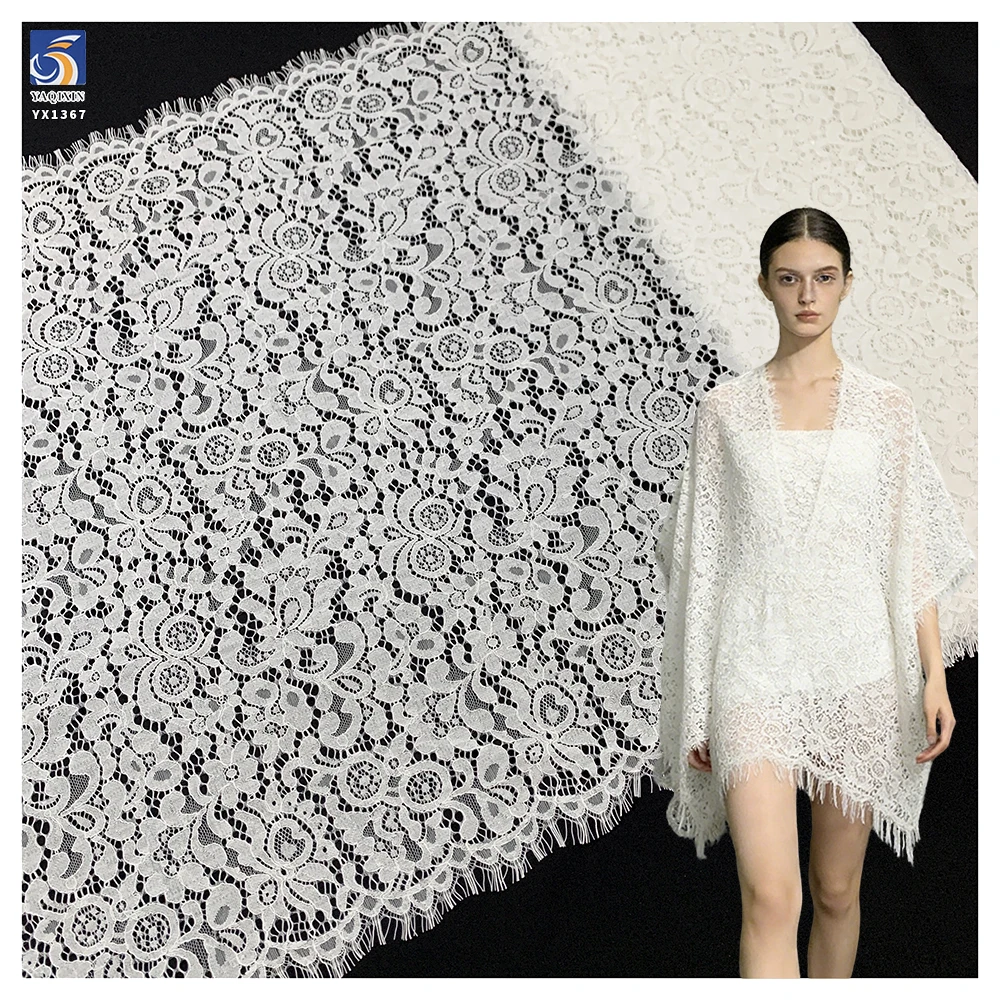 YX1367 250gsm 60CM*300CM 70% Cotton 30% Nylon High Quality Eyelash Lace Fabric Embroidered Eyelash Lace for Garment