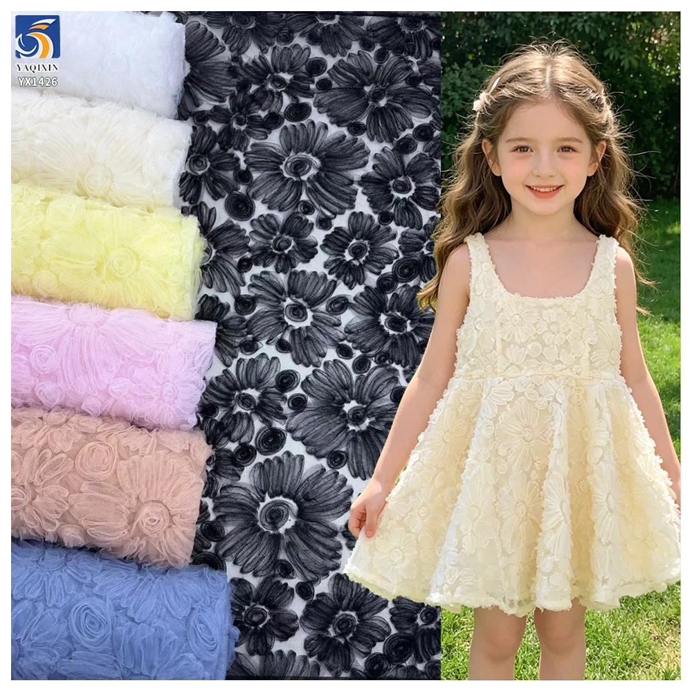 YX1426 3D Daisy Flower Tulle Embroidery Fabric Mesh 135cm New Style Girls Princess Puffy Dress Party Gown Textile Factory Direct