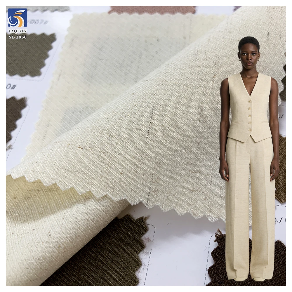 SL-1866 Beige 170gsm Cavalry Twill Polyester Linen Spandex Stretch Fabric Comfort Stretch Twill Fabric for Womens Career Suit