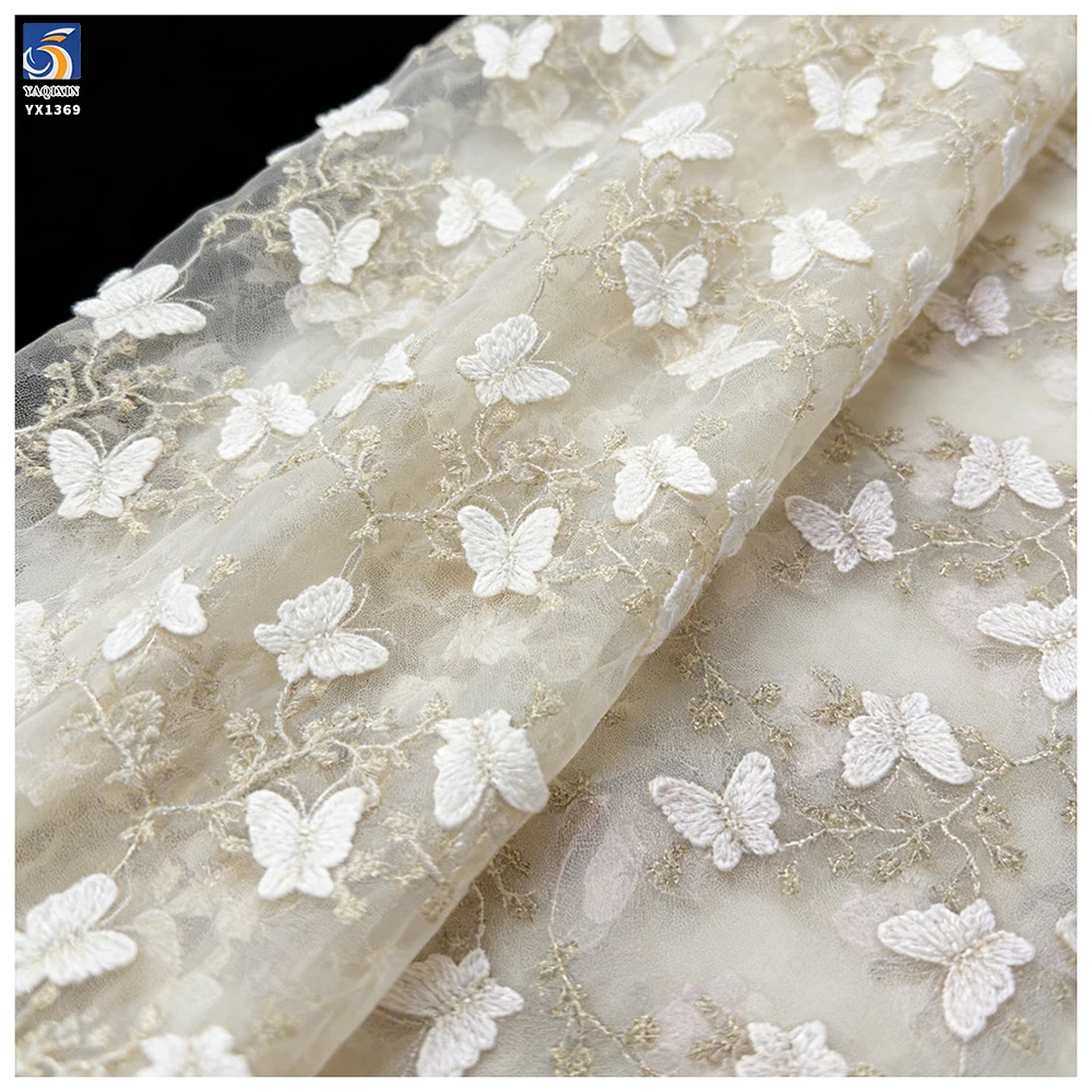 YX1369 New Product Launch 2026 Polyester Soft Tulle Mini 3D Embroidery Blue Butterflies Fabric Embroidered 3D Mesh Fabric - 图片 5