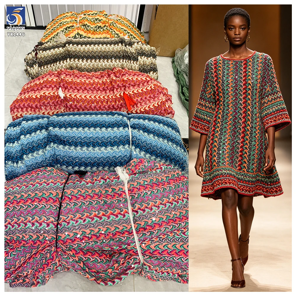 YX1446 Wholesale 300gsm Polyester Sequin Knit Jacquard Fabric Colorful Ethnic Geometric Pattern for Kaftan Dress