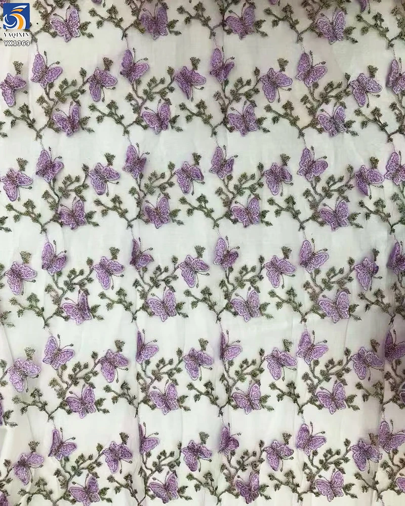 YX1369 New Product Launch 2026 Polyester Soft Tulle Mini 3D Embroidery Blue Butterflies Fabric Embroidered 3D Mesh Fabric - 图片 4