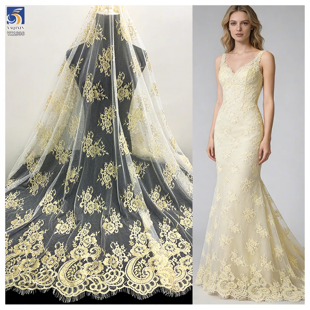 YX1336 3m*1.5m New Product Launch 2026 Eyelash Lace Fabric Gold Thread Mesh Tulle Lace Embroidered Fabric for Garment