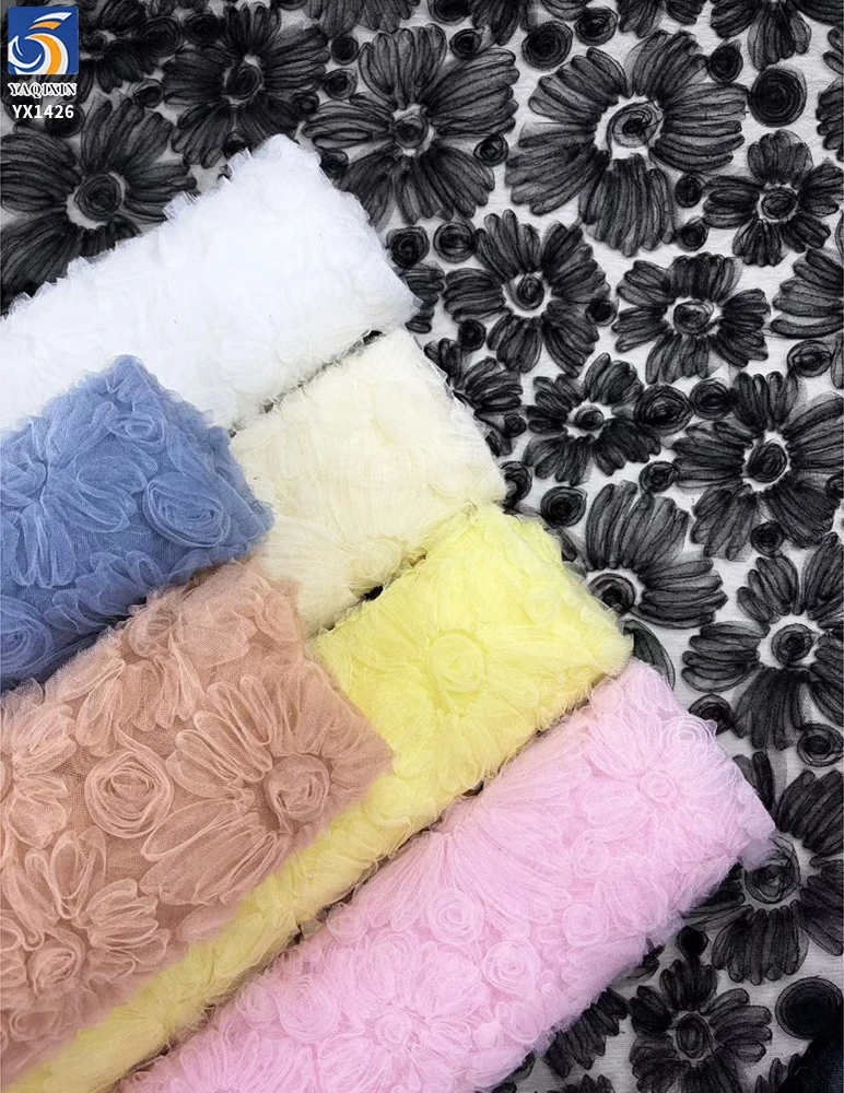 YX1426 3D Daisy Flower Tulle Embroidery Fabric Mesh 135cm New Style Girls Princess Puffy Dress Party Gown Textile Factory Direct - 图片 4