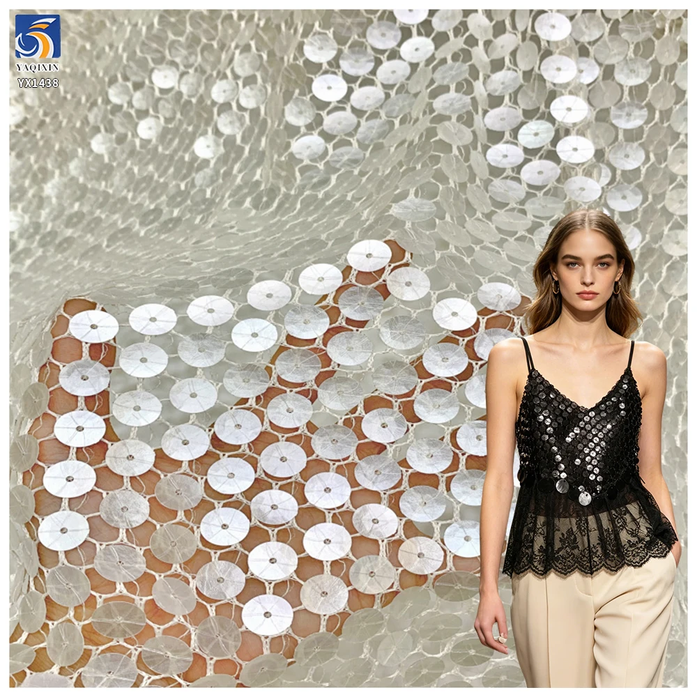 YX1438 300gsm Premium 10mm Round Sequins Mesh Fabric Glitter Net Tulle for Bridal Wedding Dress Evening & Party Wear Fabric