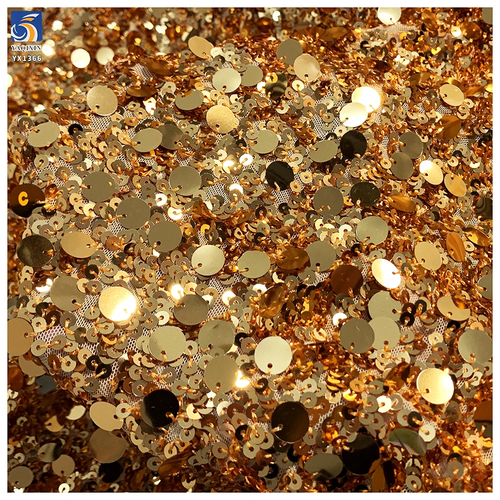 YX1366 600gsm 12CM+5CM Heavyweight Gold Sequins Embroidery Four-Way Elastic Mesh Base Sequin Fabric for Tight Skirt - 图片 4