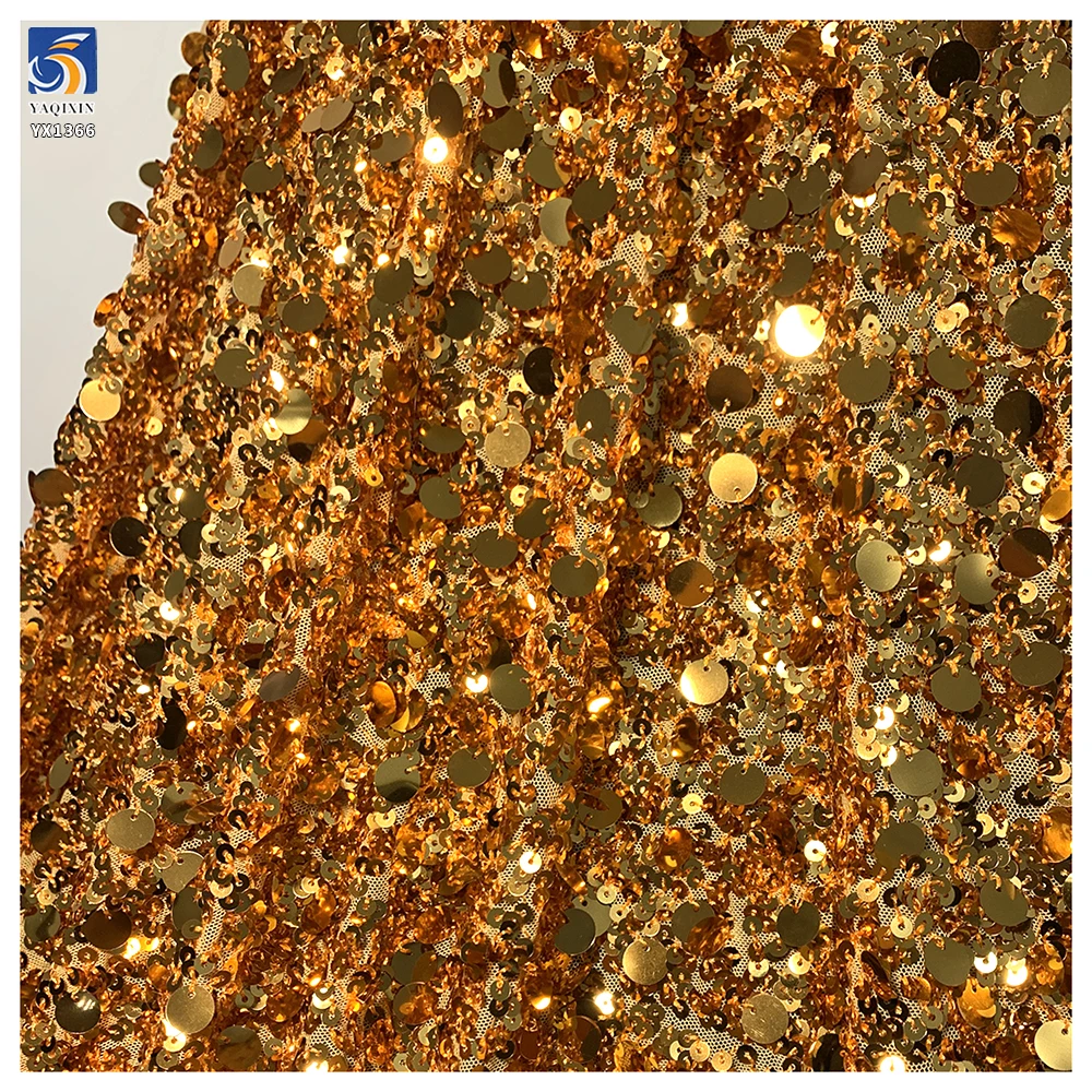 YX1366 600gsm 12CM+5CM Heavyweight Gold Sequins Embroidery Four-Way Elastic Mesh Base Sequin Fabric for Tight Skirt - 图片 3