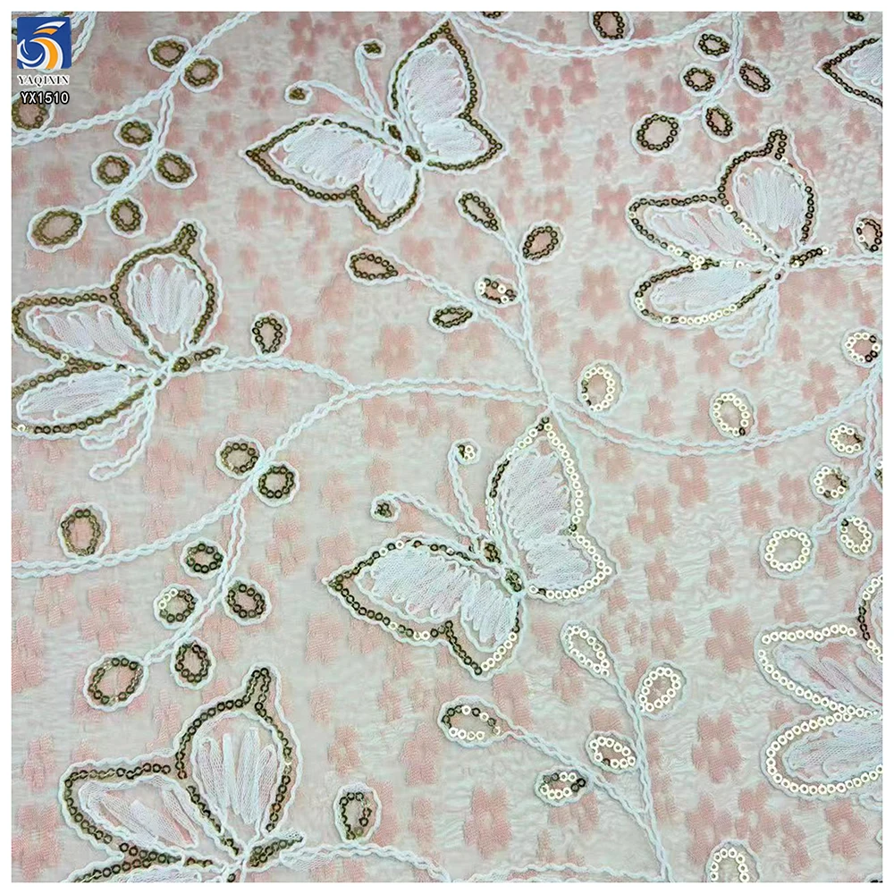 YX1510 Butterfly Embroidered Lace Fabric 140cm 170gsm 100% Polyester Cord Embroidery Lace Fabric for Women's Dresses - 图片 3
