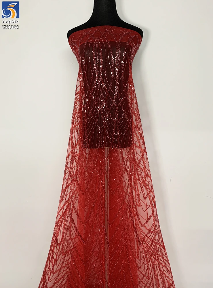 YX1364 New Trends 2026 Nigeria Africa 350gsm Heavyweight Red Glitter Lace Fabrics Red Glittering Net Lace Fabric for Woman - 图片 2