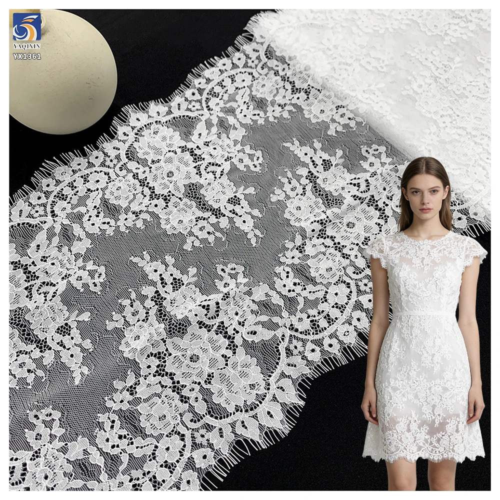 YX1361 35CM*300CM High Quality Pure White French Bride Romance Wedding Dress Embroidered Eyelash Lace Fabric Textile