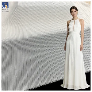 YX1394 New Product Launch 2026 Style 100% Polyester Off-White Pearl Chiffon Pleated Fabric for Garments Dress