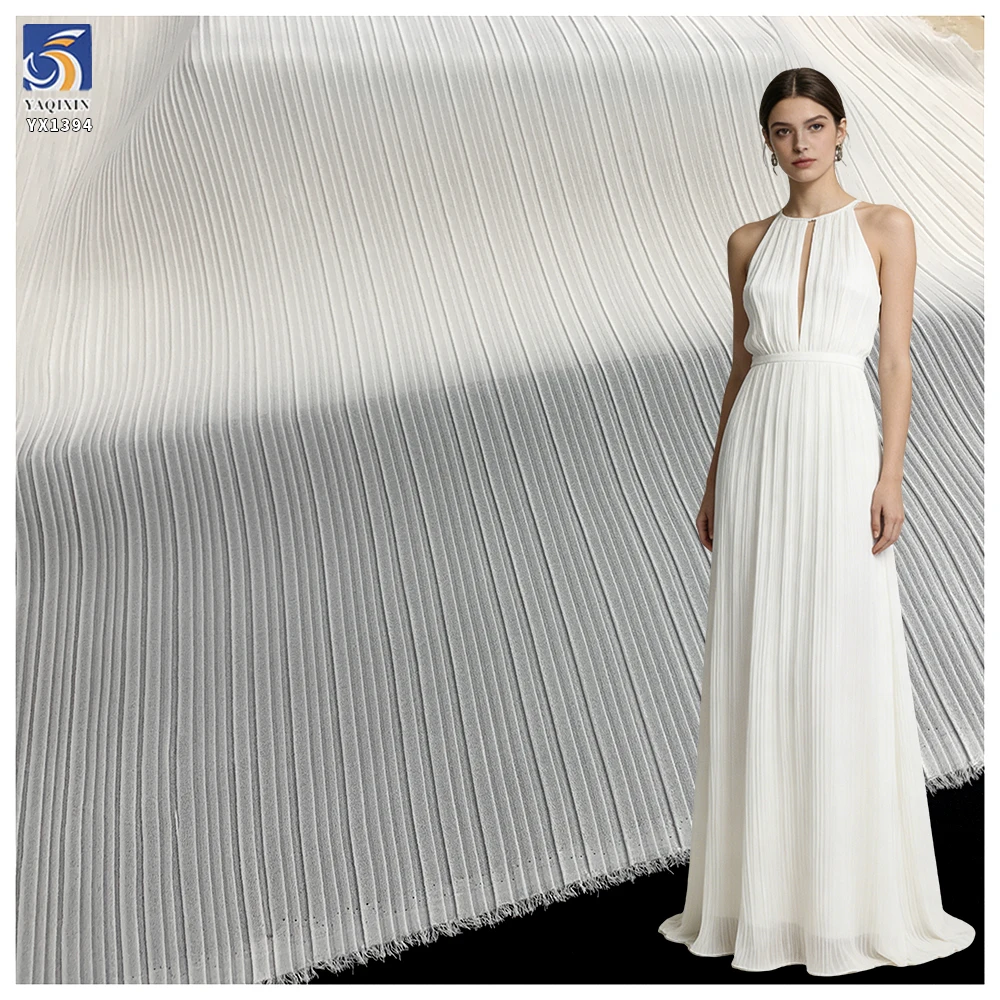 YX1394 New Product Launch 2026 Style 100% Polyester Off-White Pearl Chiffon Pleated Fabric for Garments Dress