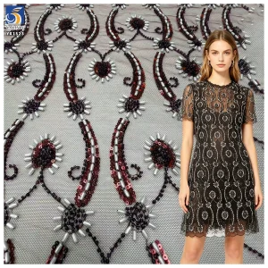 YX1523 Heavy Beaded Sequin Lace Fabric Embroidered Mesh Tulle Fabric With Floral Pattern for Evening Dress and Party Wear