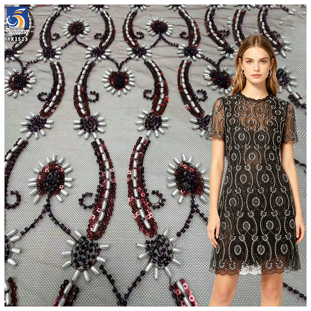 YX1523 Heavy Beaded Sequin Lace Fabric Embroidered Mesh Tulle Fabric With Floral Pattern for Evening Dress and Party Wear