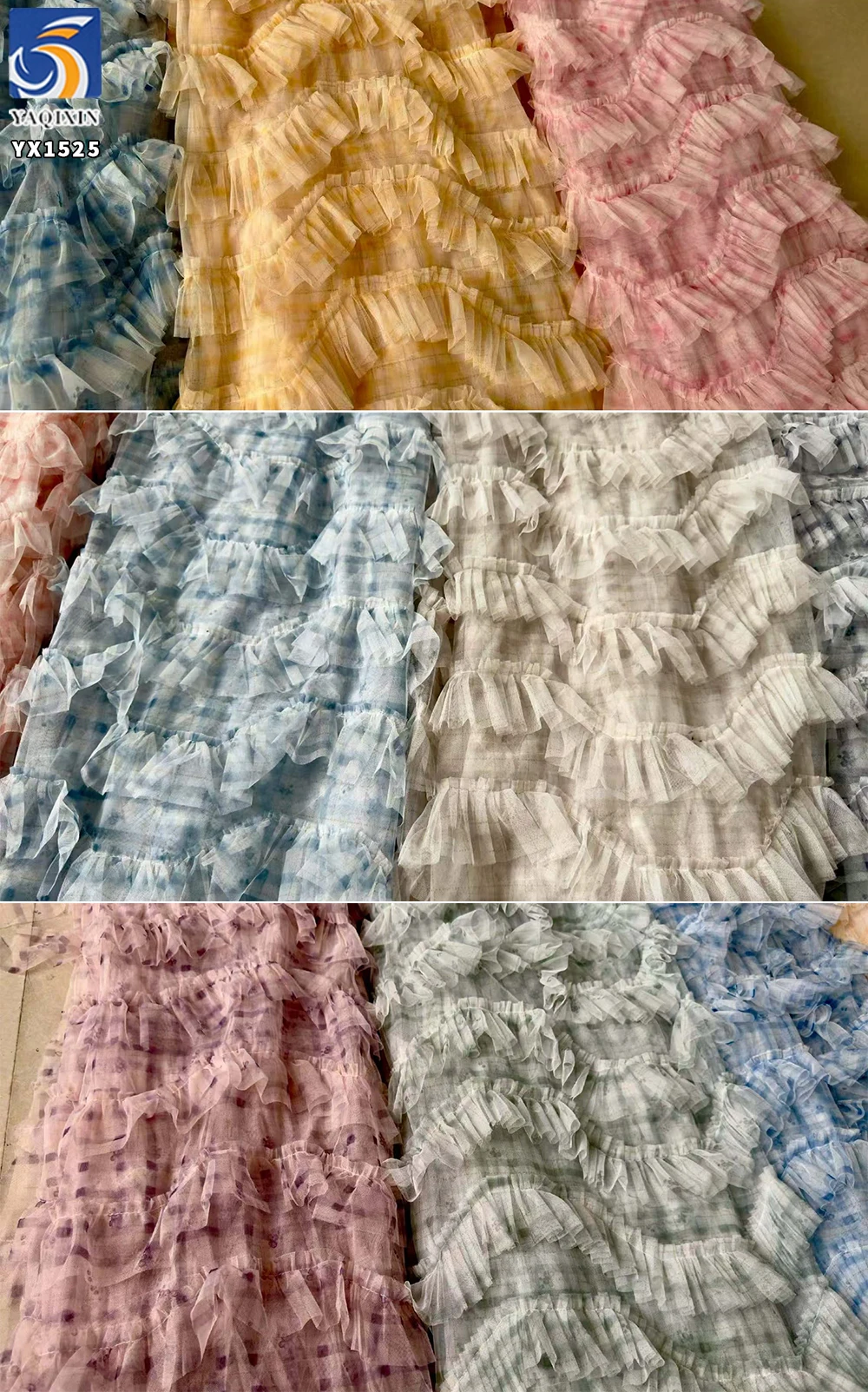 YX1525 New 100 Percent Soft Pleated Ruffle Tulle Fabric Plaid Printed Polyester Mesh Fabric for Women Puffy Skirt - 图片 2