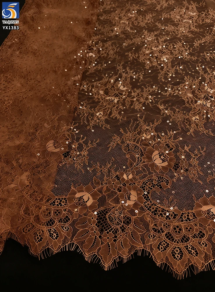 YX1383 300*150CM Popular and Best-Selling Coffee Brown/Ivory Apricot Eyelash Lace Fabric With Sequins for New Year Dress - 图片 4