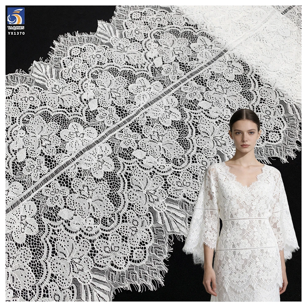 YX1370 60CM*300CM Cotton/Nylon Good Quality Large Flowers Woven Embroidery Eyelash Lace Fabric for 5 Pieces Clothing