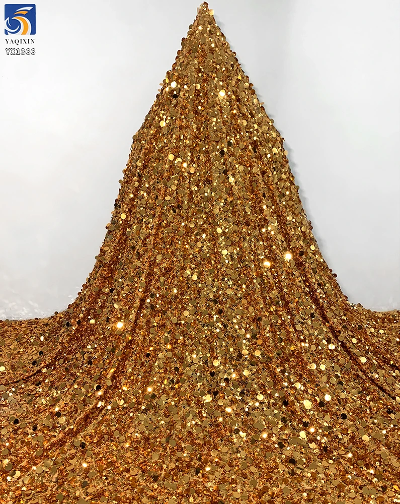 YX1366 600gsm 12CM+5CM Heavyweight Gold Sequins Embroidery Four-Way Elastic Mesh Base Sequin Fabric for Tight Skirt - 图片 2