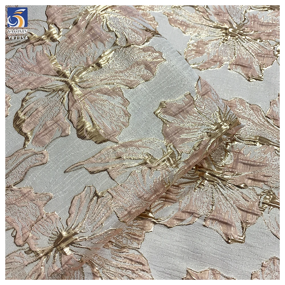 YX1354 High Quality 100 Polyester Soft Jacquard Chiffon Brocade Fabric With Flowers Two-Tone Gold Thread Brocade - 图片 2