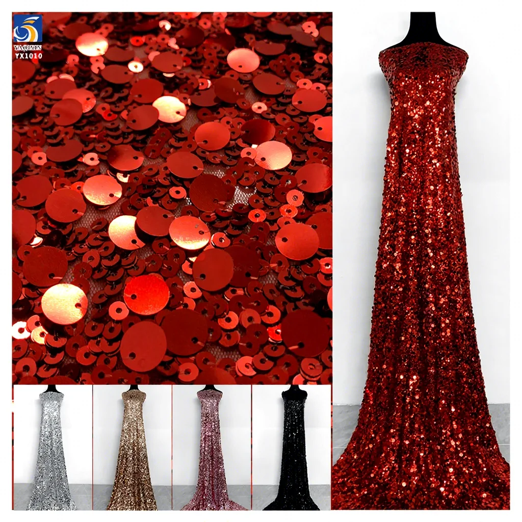 YX1010 140CM 300gsm 10MM+3MM Sequins Mesh Embroidery Fabric Metallic Shiny Sequins Fabrics Textiles for Stage Dresses