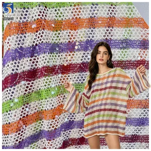 YX1502 270gsm Yarn Dyed Knitted Jacquard Sequin Fabric Boho Ethnic Openwork Mesh Fabric for Swimwear Cover up Women Blouse