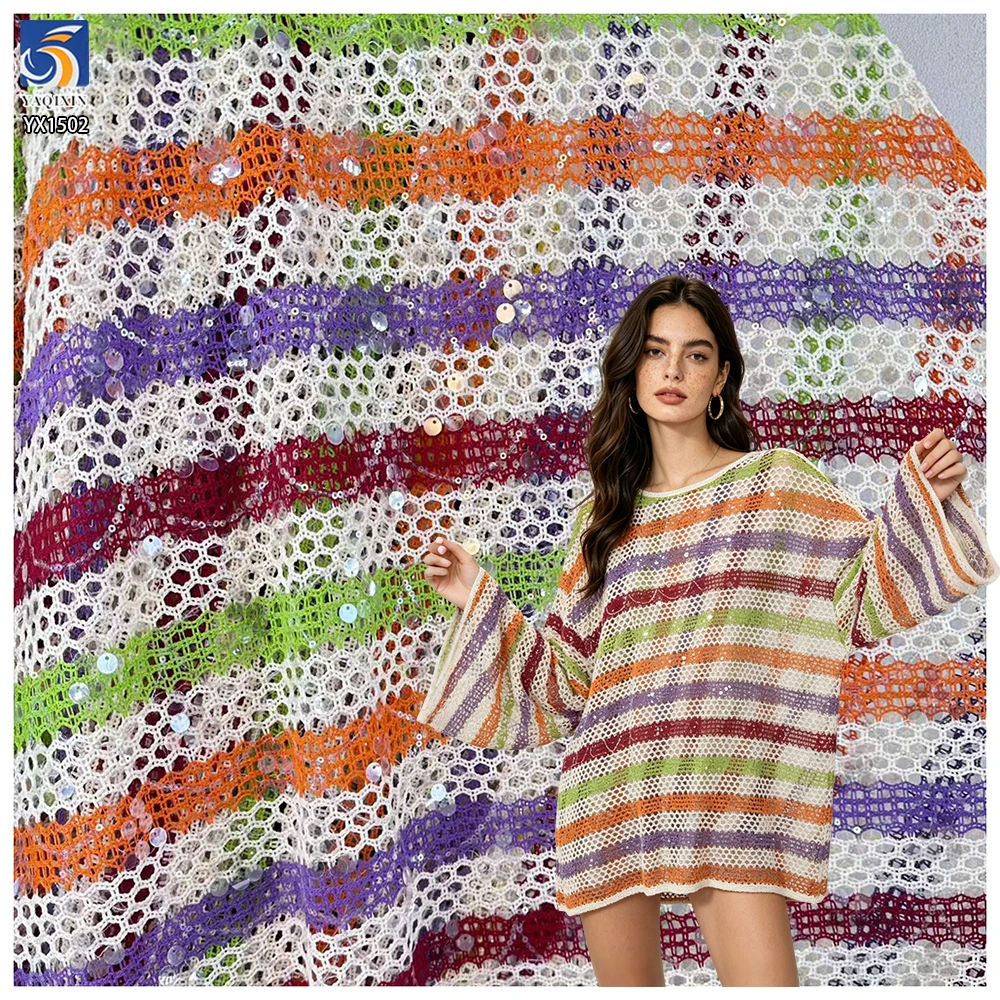 YX1502 270gsm Yarn Dyed Knitted Jacquard Sequin Fabric Boho Ethnic Openwork Mesh Fabric for Swimwear Cover up Women Blouse