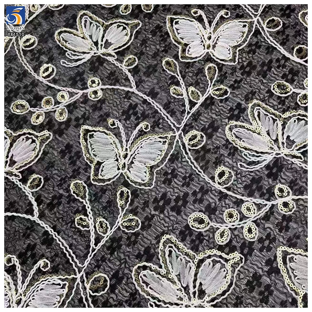YX1510 Butterfly Embroidered Lace Fabric 140cm 170gsm 100% Polyester Cord Embroidery Lace Fabric for Women's Dresses - 图片 6