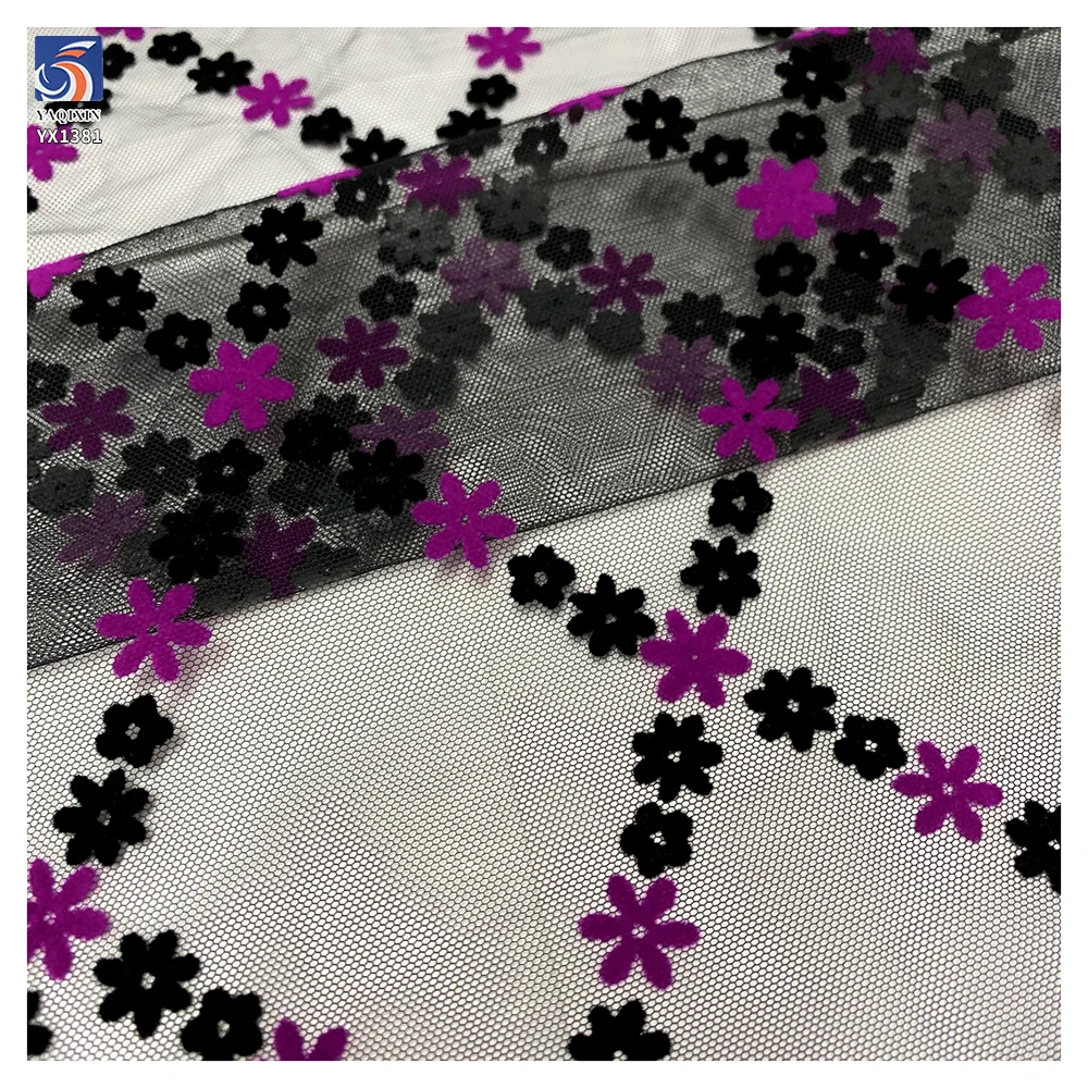 YX1381 Suppliers in Guangzhou China Customization Flock Fabric Knitted Small Florals Flocked Pretty Tulle Mesh Fabrics - 图片 3