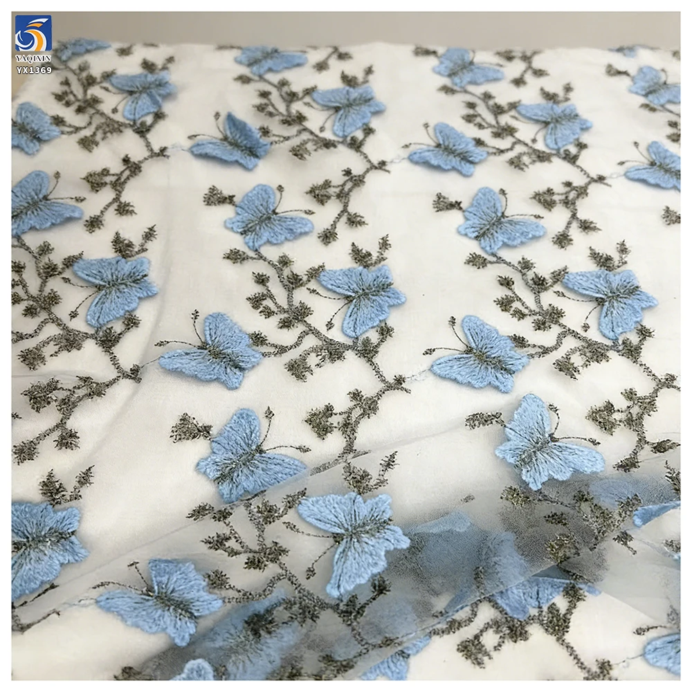 YX1369 New Product Launch 2026 Polyester Soft Tulle Mini 3D Embroidery Blue Butterflies Fabric Embroidered 3D Mesh Fabric - 图片 3