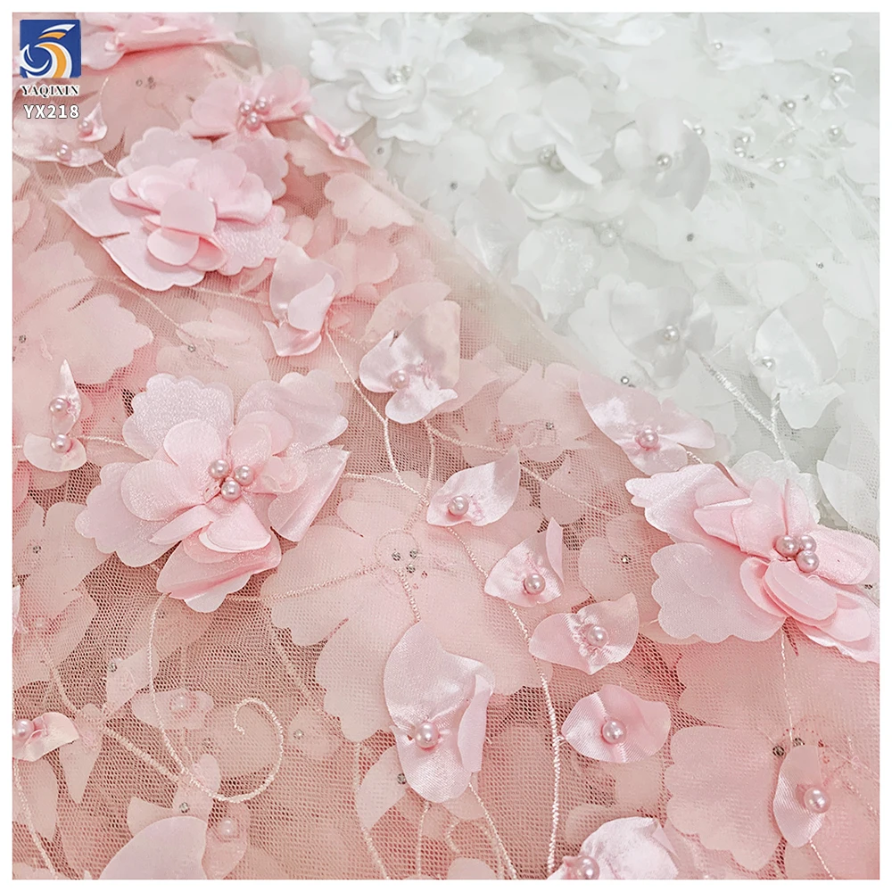 YX218 Hot Selling Wholesale Price Pearl Embroidery Handmade 3D Flower Fabric Polyester Mesh Dress Fabric - 图片 3