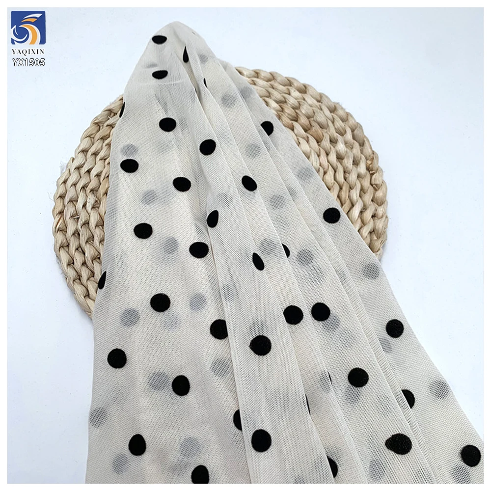 YX1505 Beautiful Stretch Black Flocked Polka Dot Mesh Fabric 92 Polyester 8 Spandex 1cm Dot Tulle Fabric for Women Skirt Dress - 图片 2