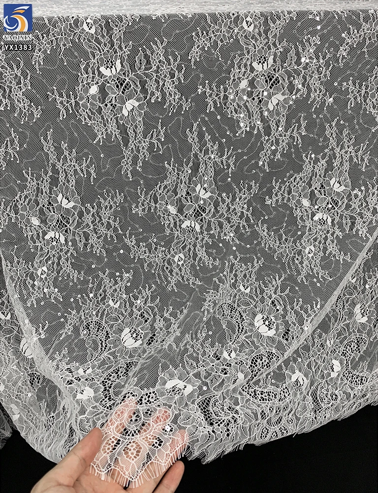 YX1383 300*150CM Popular and Best-Selling Coffee Brown/Ivory Apricot Eyelash Lace Fabric With Sequins for New Year Dress - 图片 5