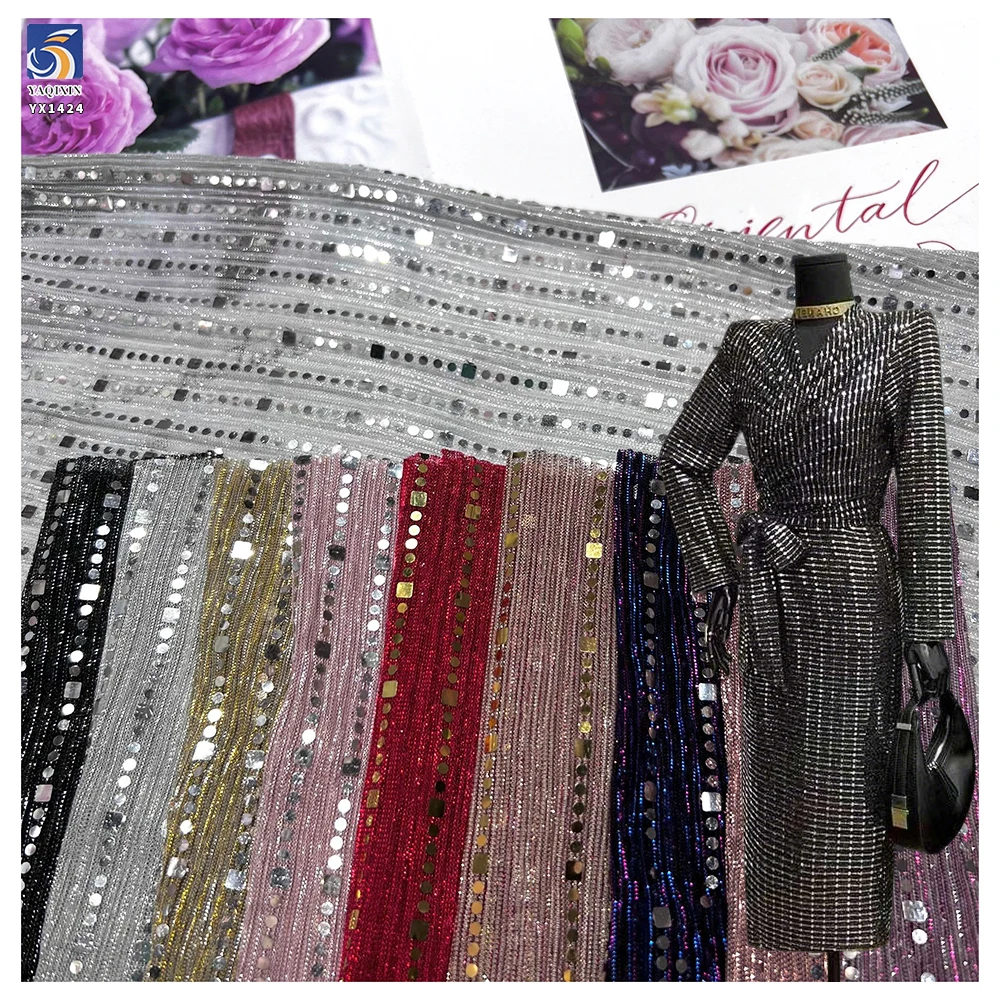 YX1424 145CM 100gsm Gold and Silver Vertical Striped Laser Lurex Shiny Sequins Knit Fabric 2026 Custom Skirt Sequins Fabric