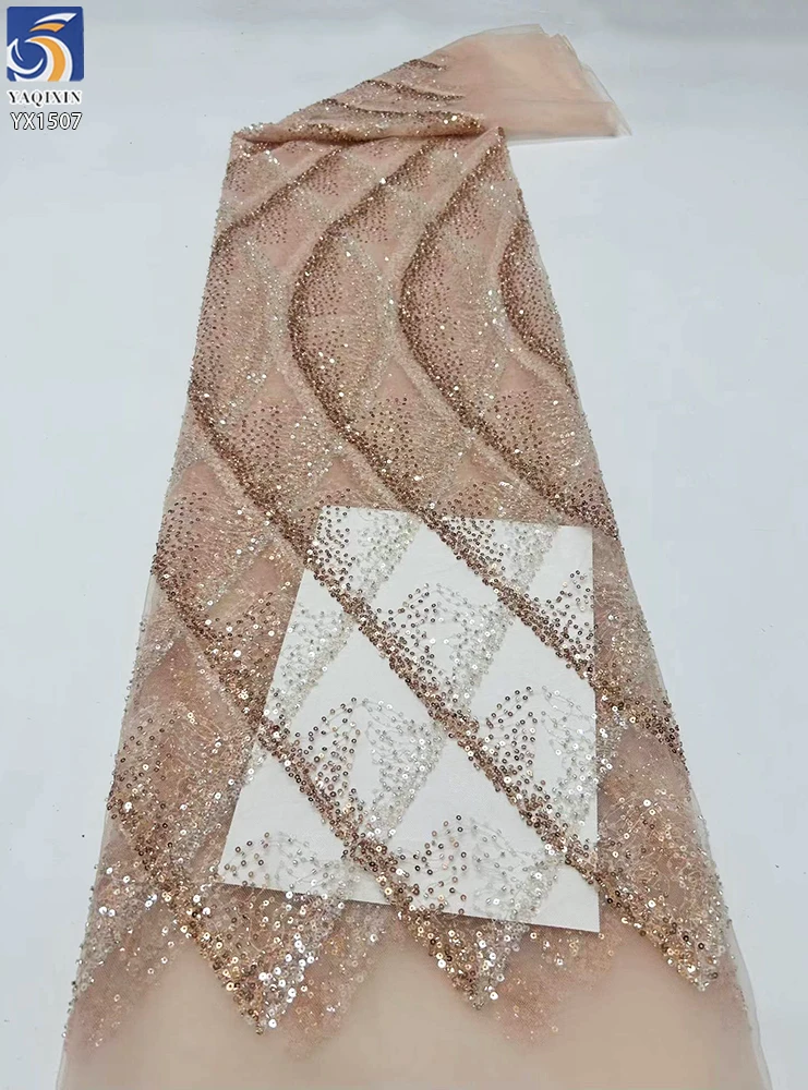 YX1507 140cm 300gsm Glitter Sequin Lace Mesh Fabric with Wave Diamond Pattern for Evening Dress Party Dress - 图片 4