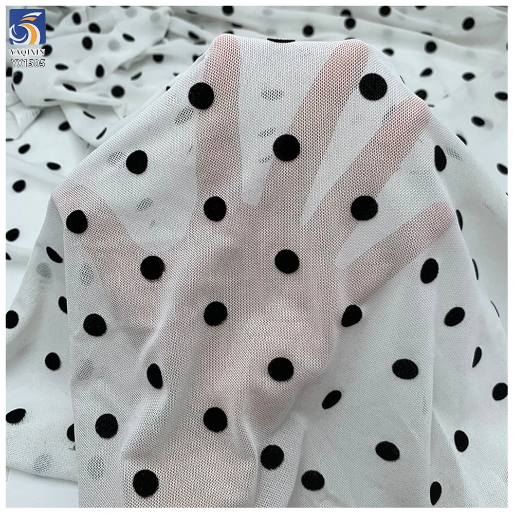 YX1505 Beautiful Stretch Black Flocked Polka Dot Mesh Fabric 92 Polyester 8 Spandex 1cm Dot Tulle Fabric for Women Skirt Dress - 图片 4