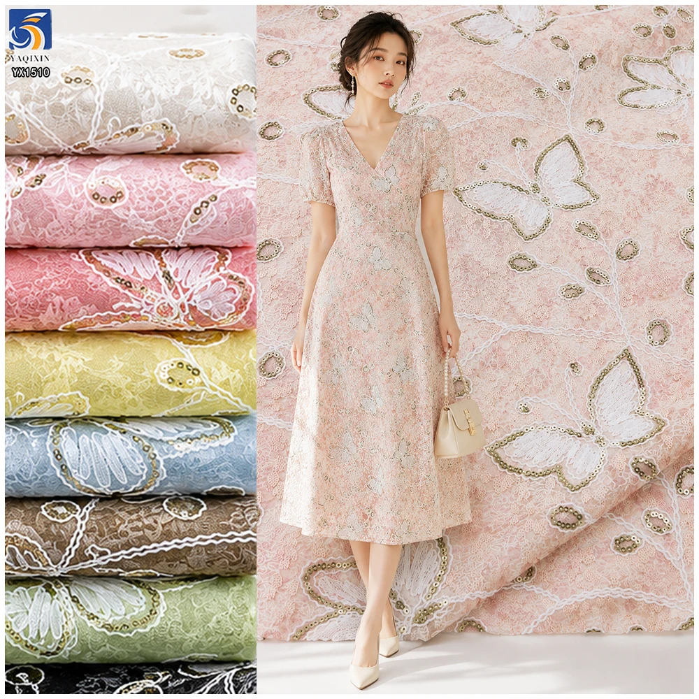 YX1510 Butterfly Embroidered Lace Fabric 140cm 170gsm 100% Polyester Cord Embroidery Lace Fabric for Women's Dresses