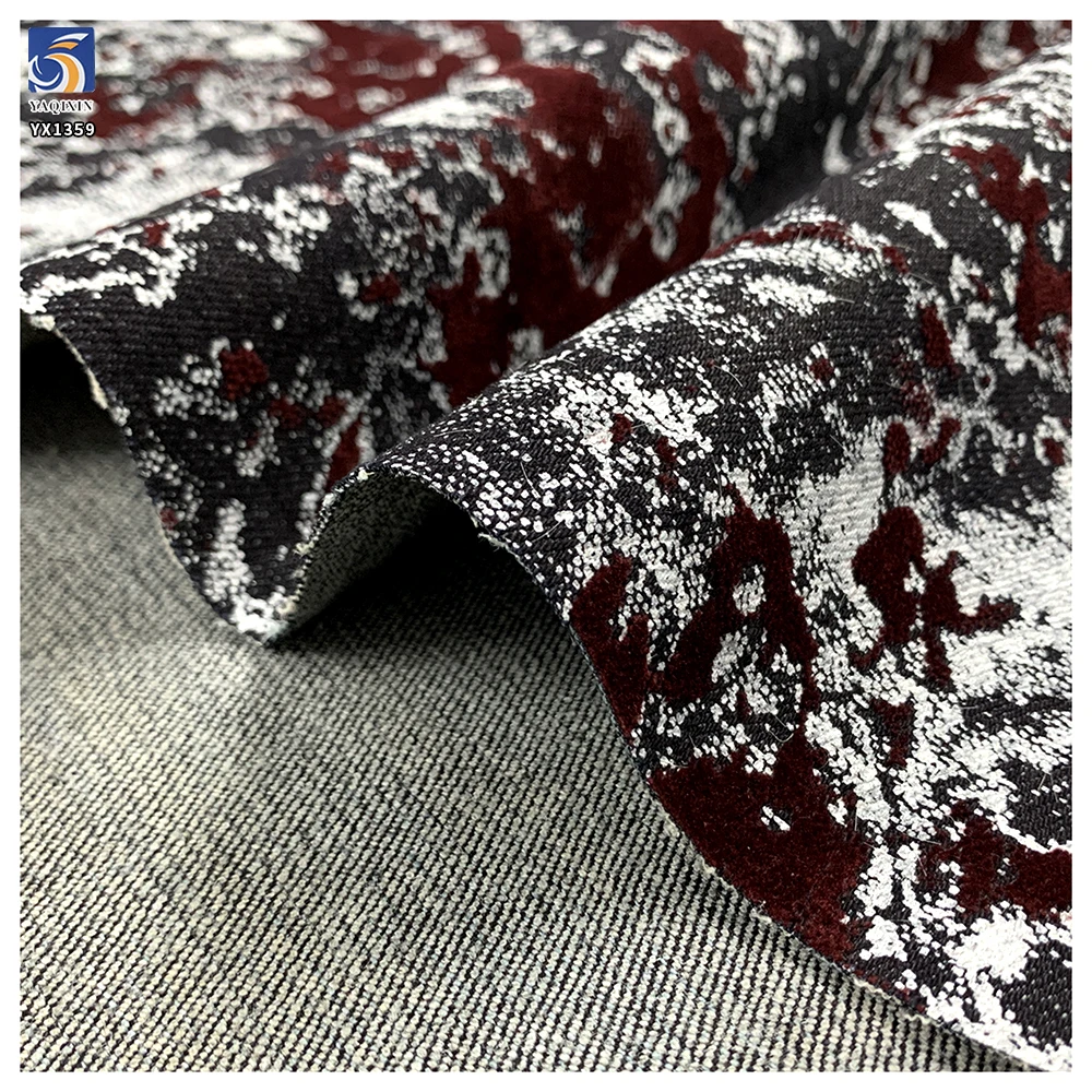YX1359 High Quality Brands Custom 10oz 400gsm Flocked Denim Fabric Burgundy Polyester Stretch Flock Denim Fabric for Jackets - 图片 2