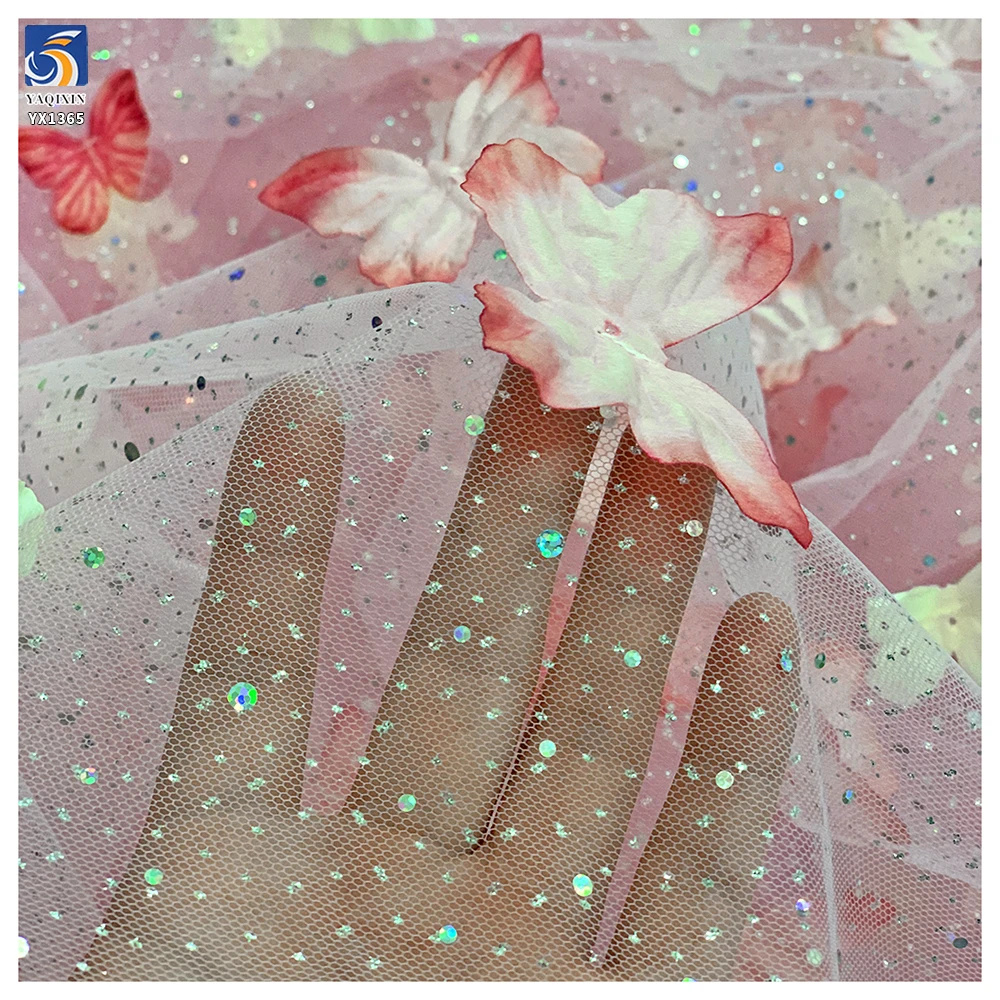 YX1365 New Glitter Tulle Fabric With 3D Diamonds Stones Butterfly Gradient Glitter Polyester Knitted 3D Butterfly Mesh Fabric - 图片 4