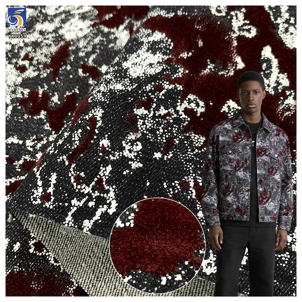 YX1359 High Quality Brands Custom 10oz 400gsm Flocked Denim Fabric Burgundy Polyester Stretch Flock Denim Fabric for Jackets