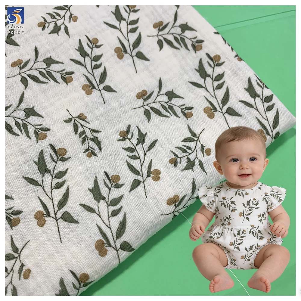 YX1368 120gsm Breathable Comfortable Crinkled 100% Cotton Double Crepe Muslin Fabric Bibs Clothes Baby Printed Cotton Fabric