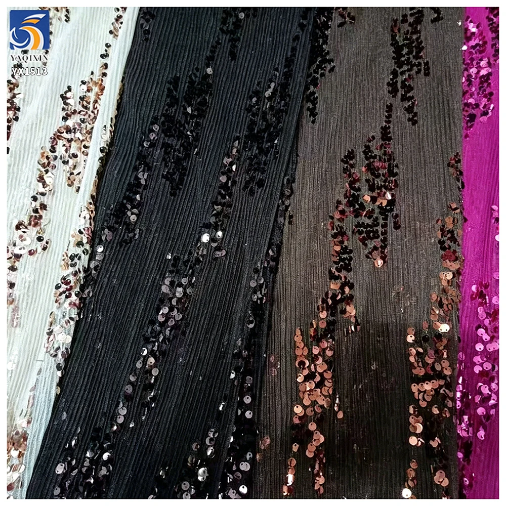 YX1513 2026 New 5mm Sequin Embroidery Pleated Chiffon Fabric for Women Dress Skirt Evening Gown - 图片 5