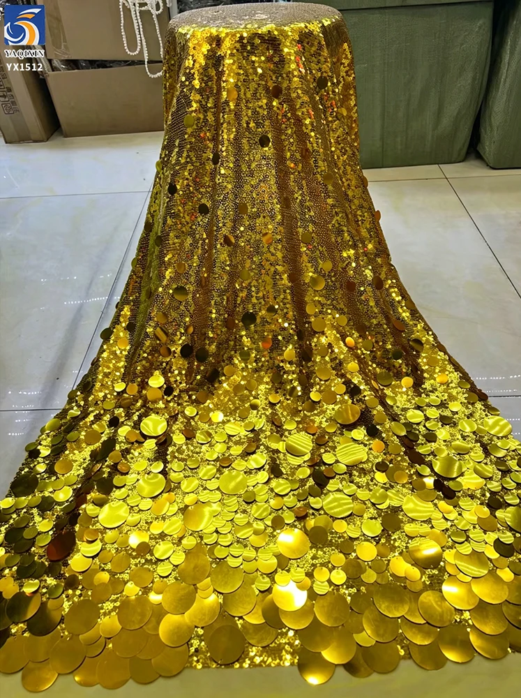 YX1512 European Style Gold Large Paillette Sequin Embroidery Fabric for Evening Dress Skirt and Luxury Fashion Garments - 图片 2