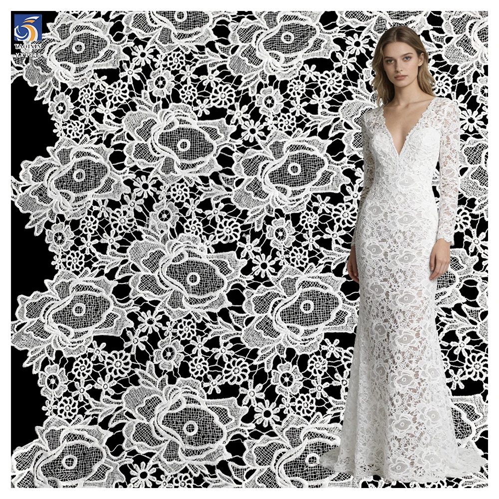YX1348 Hot Selling Hollow Embroidery Large Flowers Dark Red Water-Soluble Lace Fabric 100% Polyester Milk Silk Lace Fabric - 图片 6