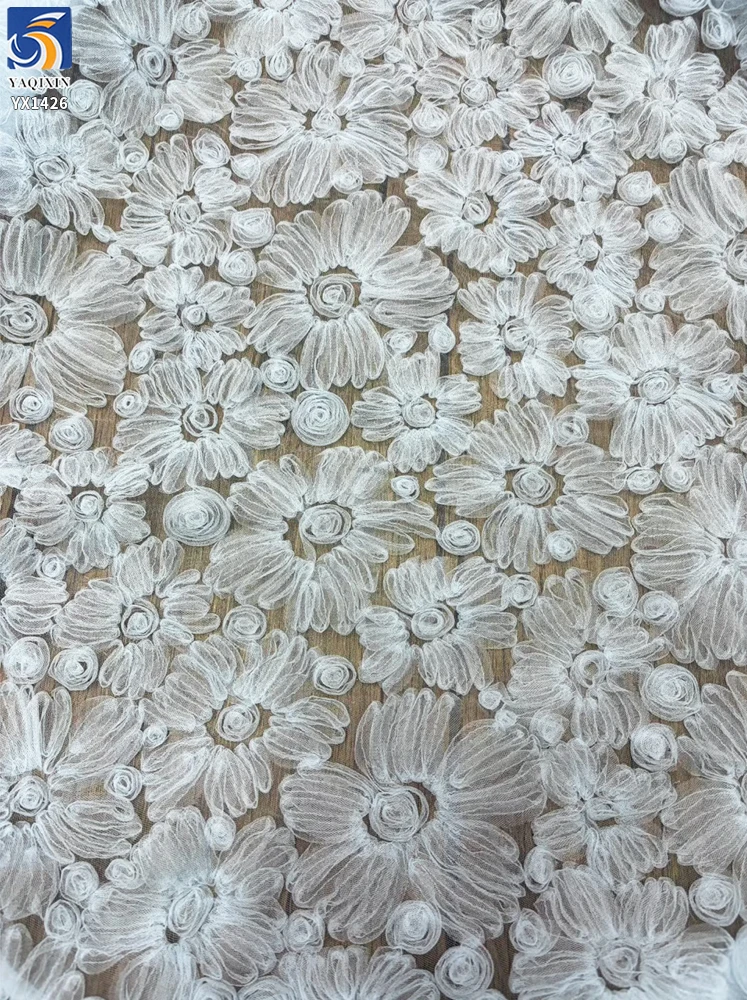YX1426 3D Daisy Flower Tulle Embroidery Fabric Mesh 135cm New Style Girls Princess Puffy Dress Party Gown Textile Factory Direct - 图片 6