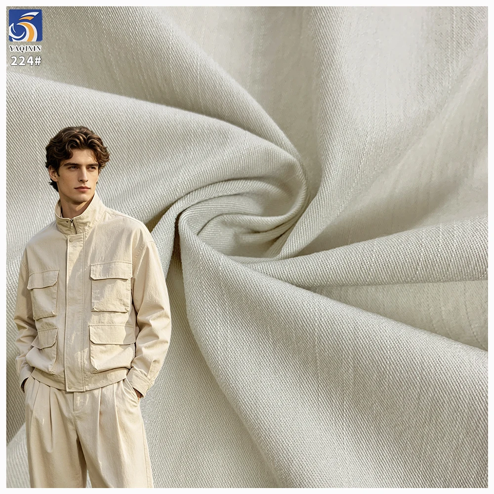 Y-224 High Quality 200g Cream Medium Weight Anti-Wrinkle 100% Polyester Slub Twill 2 Way Stretch Fabric 160cm for Casual Pant