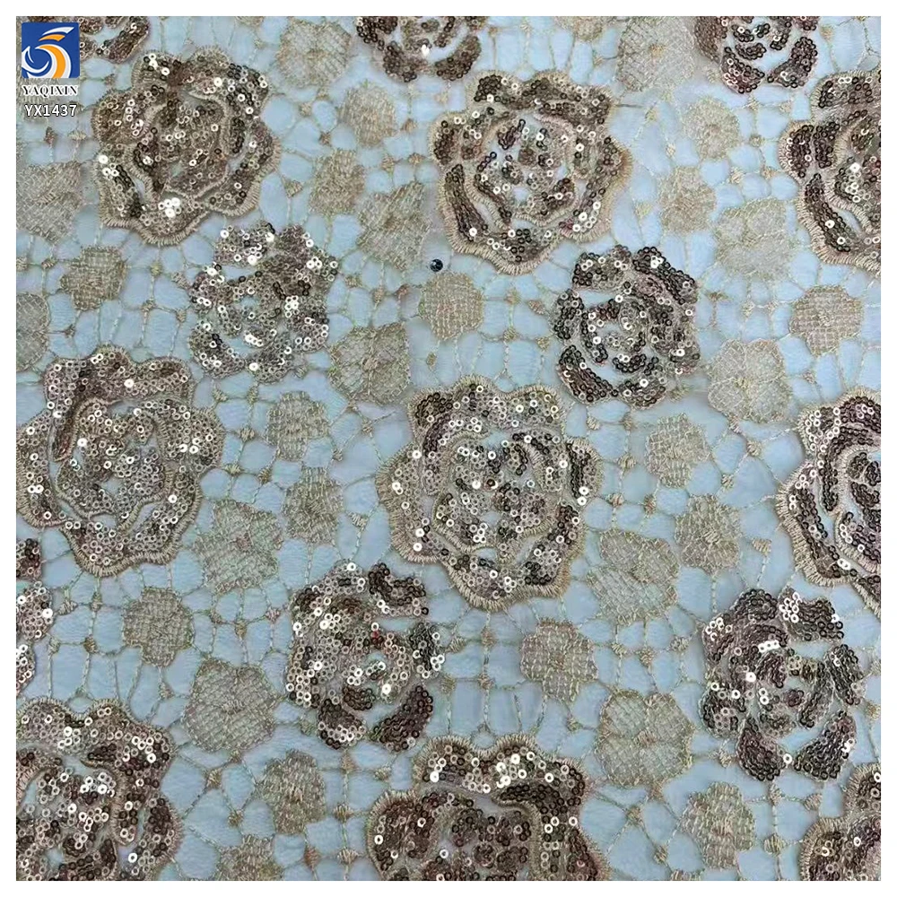 YX1437 Embroidered Big Florals Water Soluble Lace Fabric With 5mm Sequins for Bridal Wedding Dress & Evening Partywear Textile - 图片 3